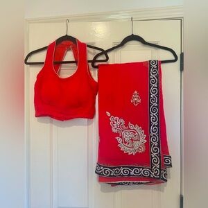 Coral pink Saree. Rhinestone work with velvet border.